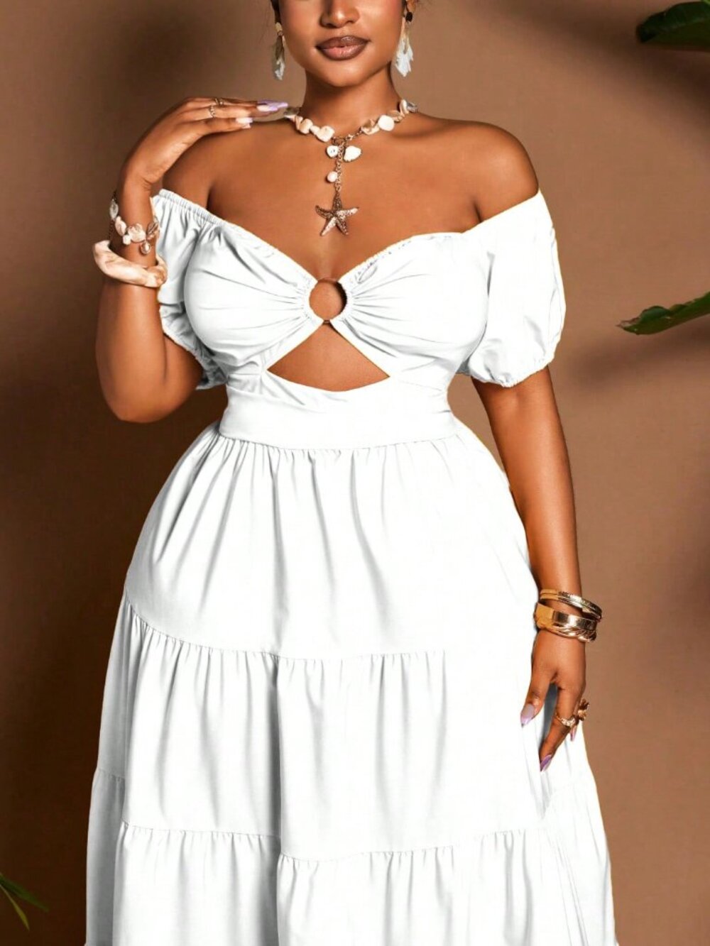 White Boho Women's Plus Size Vacation Off-Shoulder Petal Sleeve maxi Dress - Picture 3 of 8